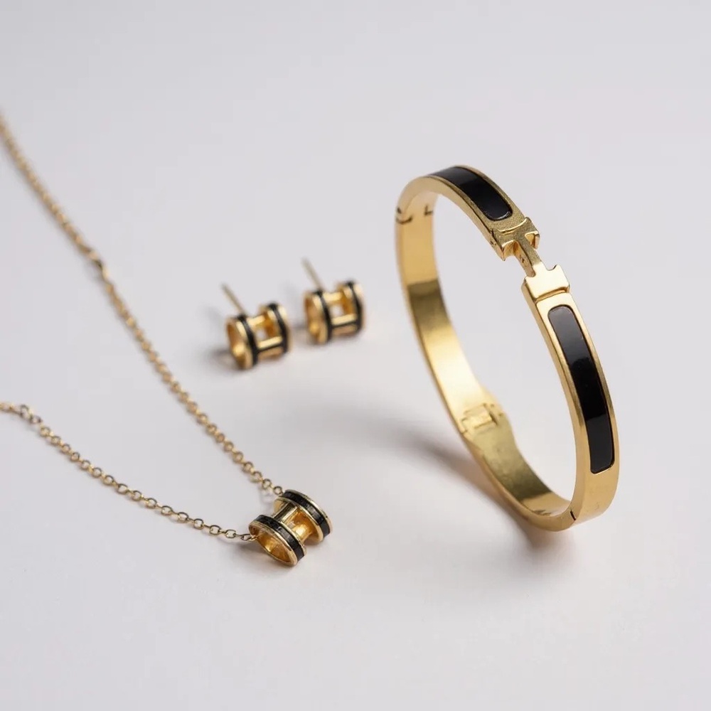 Stainless steel Elegant Gold Black 3pc Jewelry Set EARRINGS Necklace bracelet